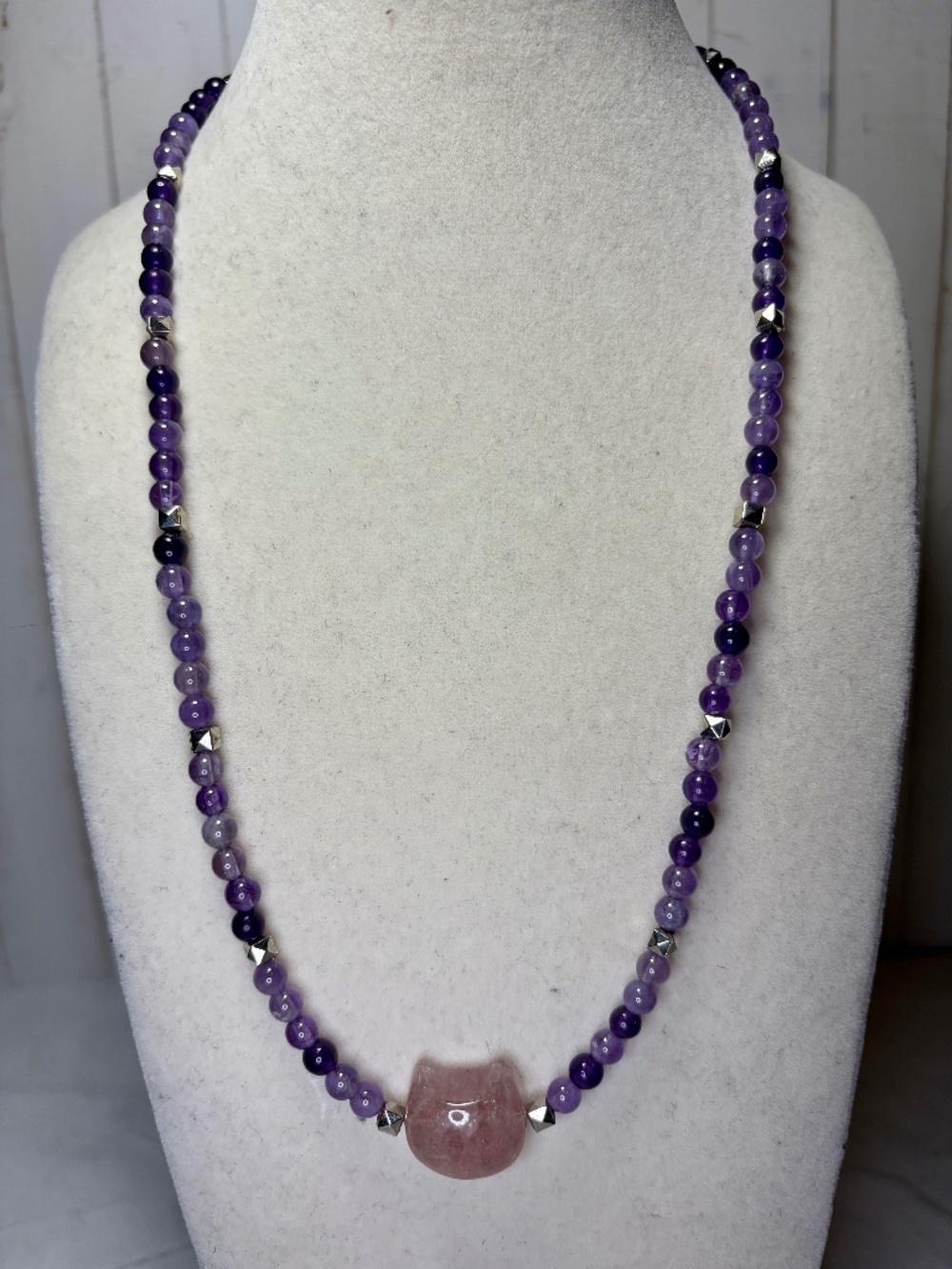 Amethyst & Strawberry Quartz Cat Head Choker